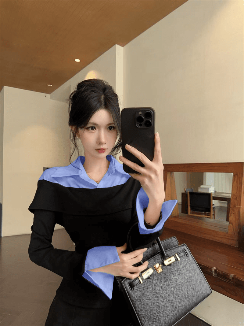 실사 봄 가을 한국 스타일 POLO 칼라 패치워크 프릴 몸매 가꾸기 가짜 2 피스 슈트 순수한 욕망 바람 배색 외국 가스 티셔츠 트렌디 상세 이미지 15