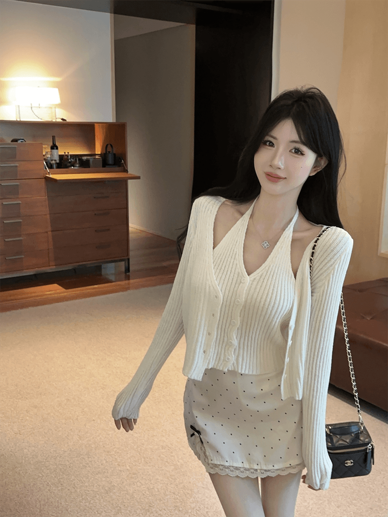 실사 봄 가을 V넥 패치워크 페이크 레이어드 오픈 가디건 루즈핏 핫걸 행침 목 스타일 쇼트 스타일 단추 리브 털 니트 스웨터 이미지 2