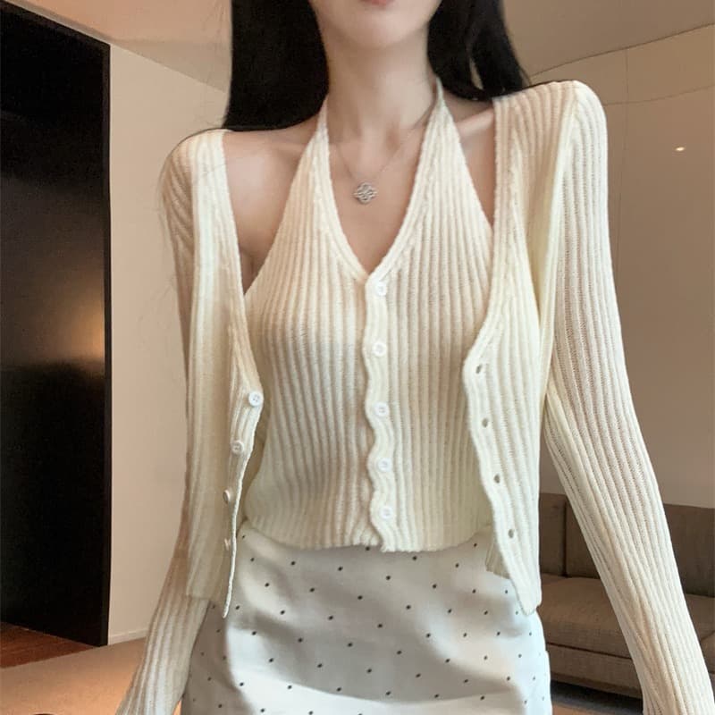 실사 봄 가을 V넥 패치워크 페이크 레이어드 오픈 가디건 루즈핏 핫걸 행침 목 스타일 쇼트 스타일 단추 리브 털 니트 스웨터 이미지 5