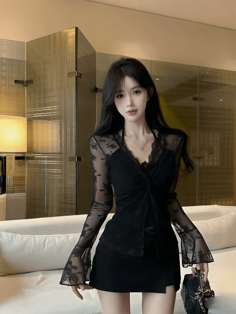 실사 봄 프랑스식 V넥 패치워크 레이스 행침 목 스타일 몸매 가꾸기 벌룬 소매 홀로우 아웃 페이크 레이어드 핫걸 풀오버 티셔츠 상세 이미지 2