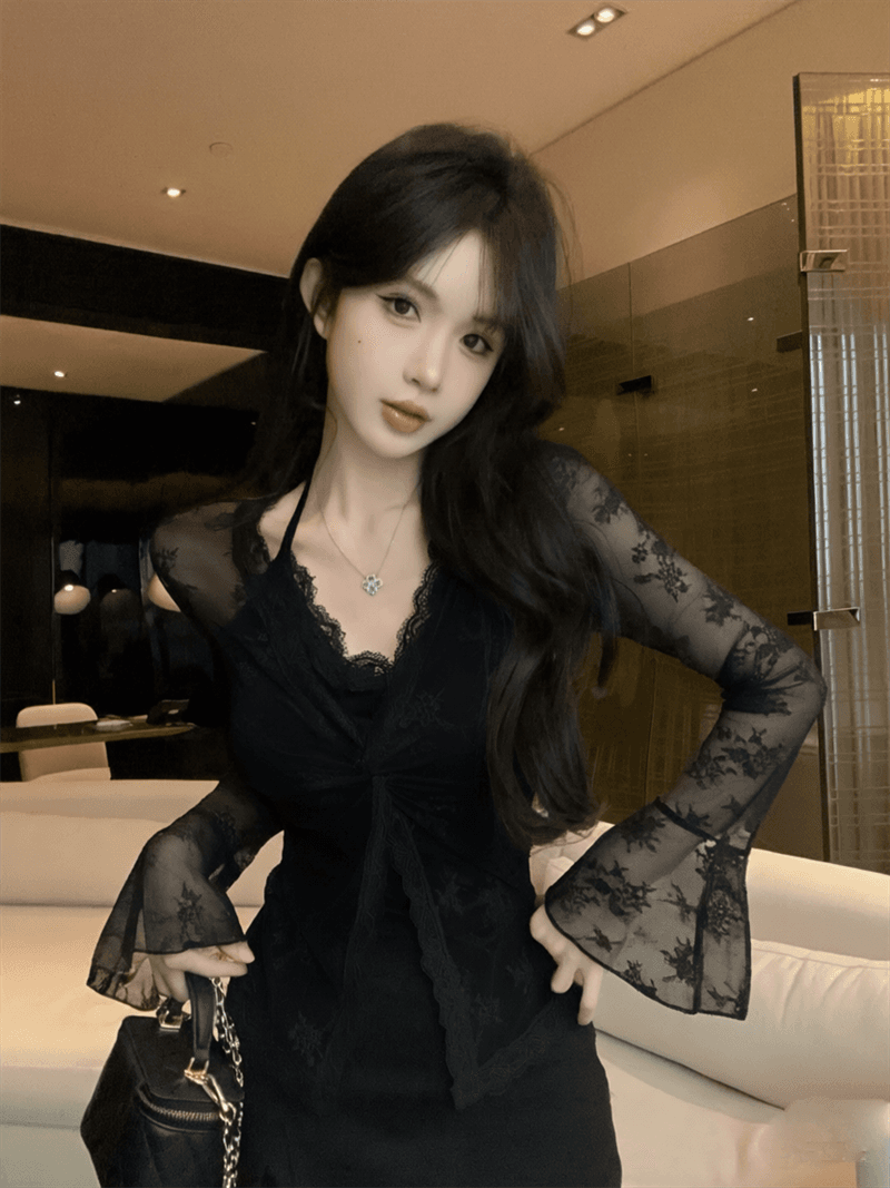 실사 봄 프랑스식 V넥 패치워크 레이스 행침 목 스타일 몸매 가꾸기 벌룬 소매 홀로우 아웃 페이크 레이어드 핫걸 풀오버 티셔츠 상세 이미지 3