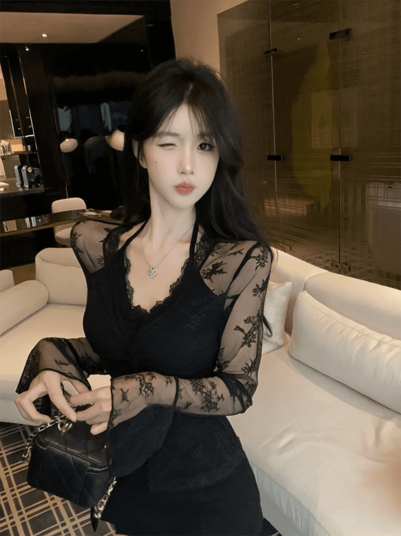 실사 봄 프랑스식 V넥 패치워크 레이스 행침 목 스타일 몸매 가꾸기 벌룬 소매 홀로우 아웃 페이크 레이어드 핫걸 풀오버 티셔츠 상세 이미지 4
