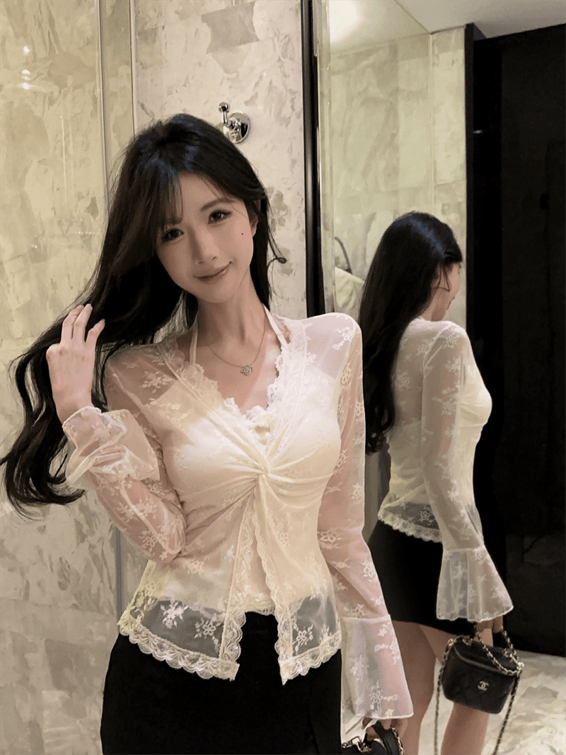 실사 봄 프랑스식 V넥 패치워크 레이스 행침 목 스타일 몸매 가꾸기 벌룬 소매 홀로우 아웃 페이크 레이어드 핫걸 풀오버 티셔츠 상세 이미지 7