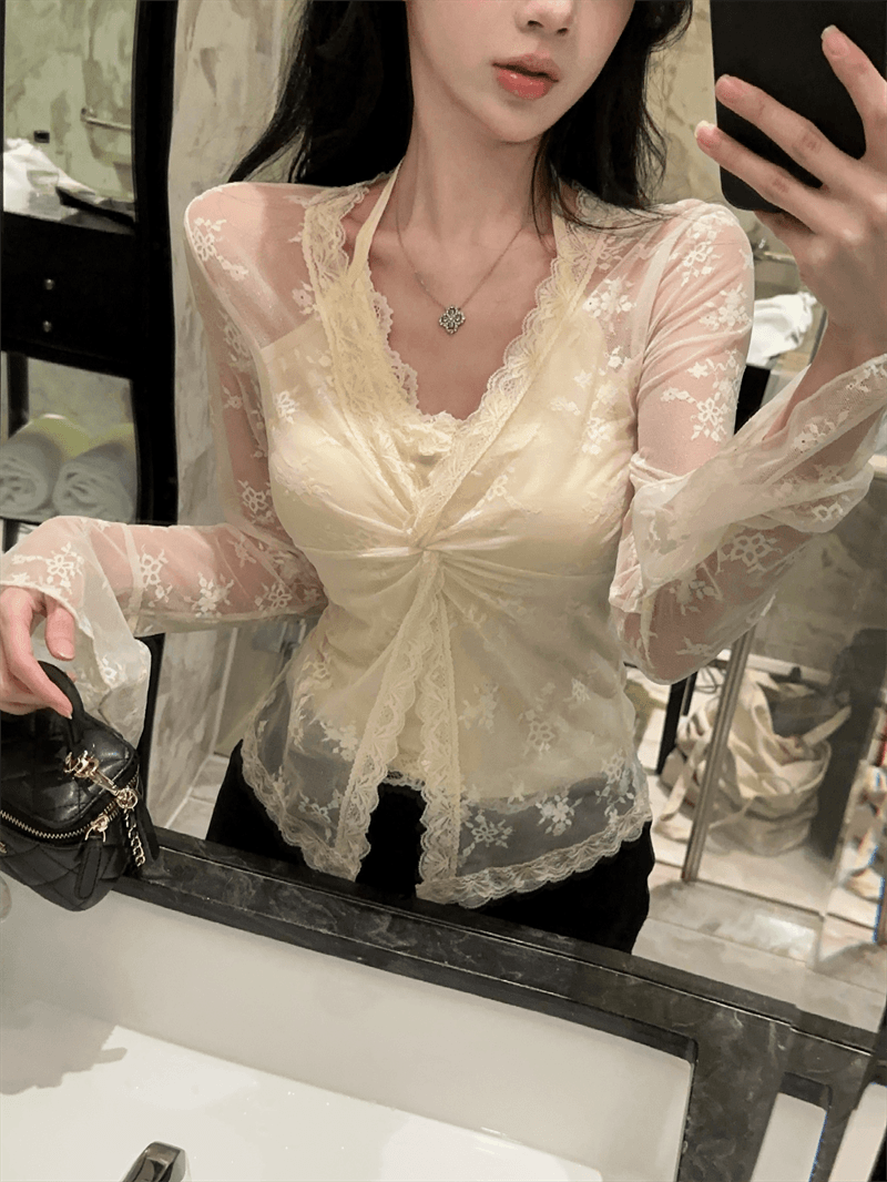 실사 봄 프랑스식 V넥 패치워크 레이스 행침 목 스타일 몸매 가꾸기 벌룬 소매 홀로우 아웃 페이크 레이어드 핫걸 풀오버 티셔츠 상세 이미지 8