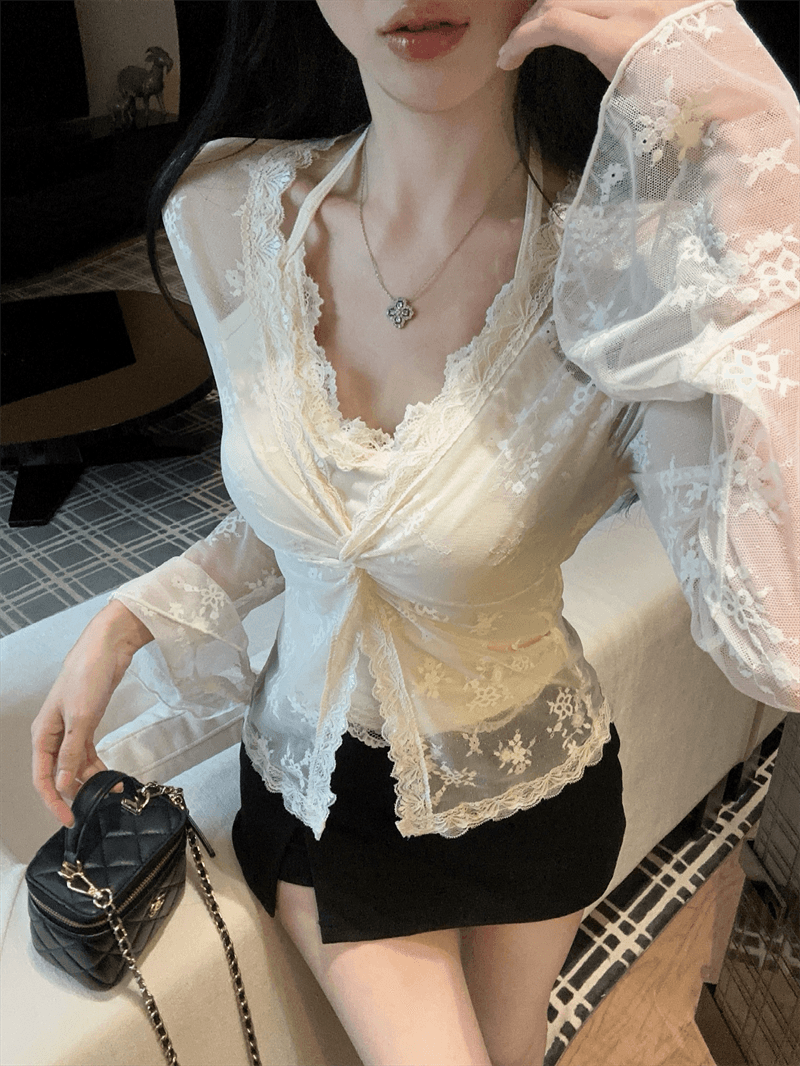 실사 봄 프랑스식 V넥 패치워크 레이스 행침 목 스타일 몸매 가꾸기 벌룬 소매 홀로우 아웃 페이크 레이어드 핫걸 풀오버 티셔츠 상세 이미지 12