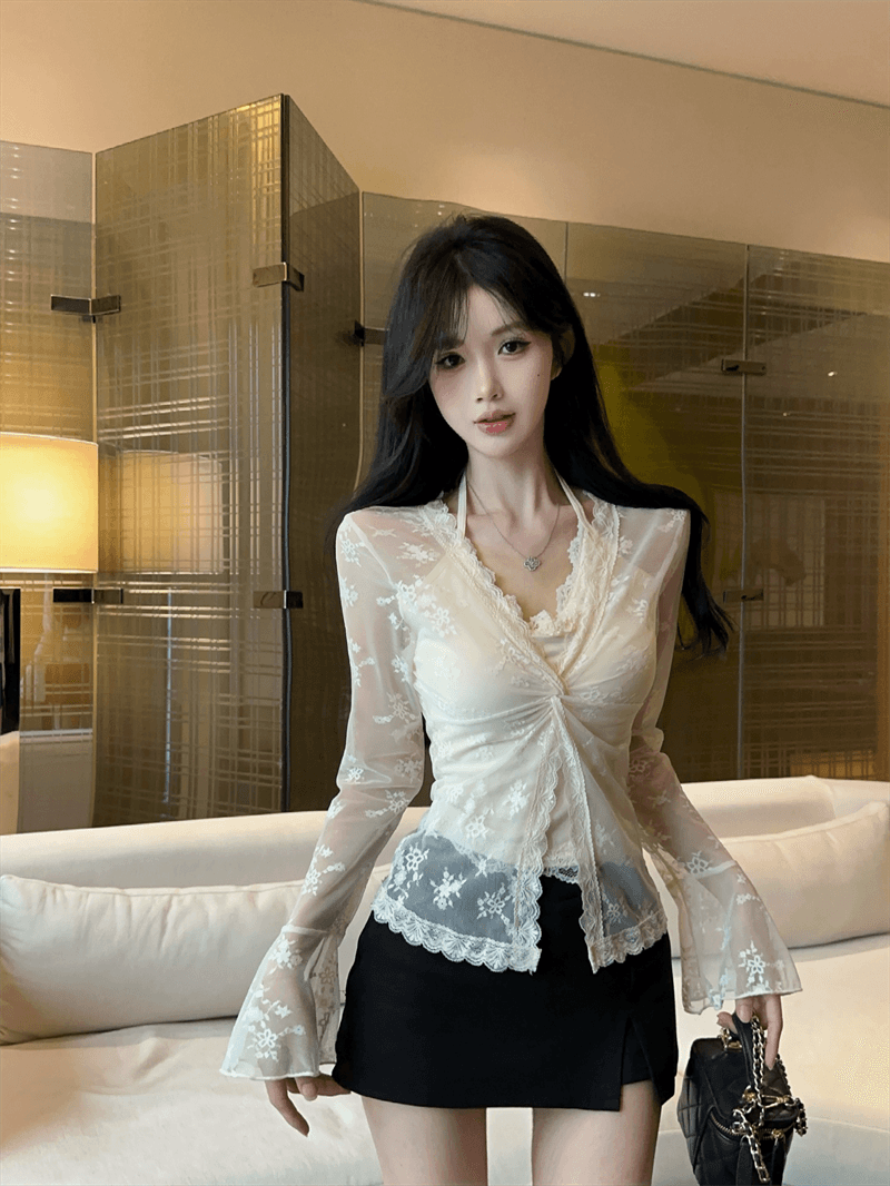 실사 봄 프랑스식 V넥 패치워크 레이스 행침 목 스타일 몸매 가꾸기 벌룬 소매 홀로우 아웃 페이크 레이어드 핫걸 풀오버 티셔츠 상세 이미지 13