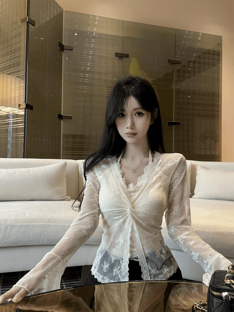 실사 봄 프랑스식 V넥 패치워크 레이스 행침 목 스타일 몸매 가꾸기 벌룬 소매 홀로우 아웃 페이크 레이어드 핫걸 풀오버 티셔츠 상세 이미지 15