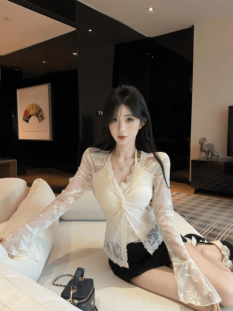 실사 봄 프랑스식 V넥 패치워크 레이스 행침 목 스타일 몸매 가꾸기 벌룬 소매 홀로우 아웃 페이크 레이어드 핫걸 풀오버 티셔츠 상세 이미지 18