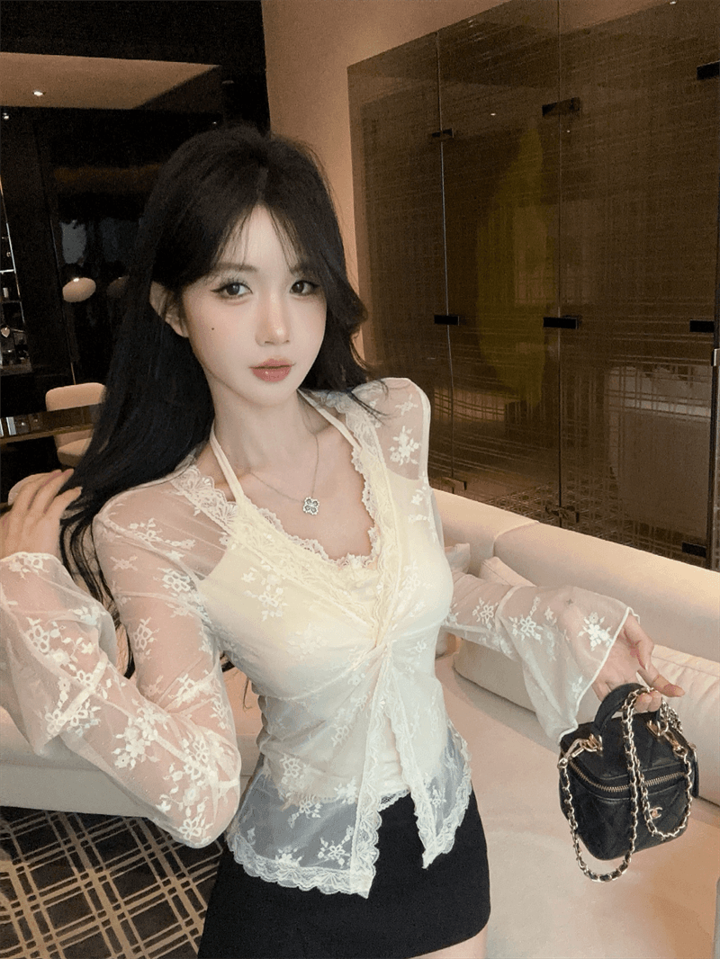 실사 봄 프랑스식 V넥 패치워크 레이스 행침 목 스타일 몸매 가꾸기 벌룬 소매 홀로우 아웃 페이크 레이어드 핫걸 풀오버 티셔츠 상세 이미지 19