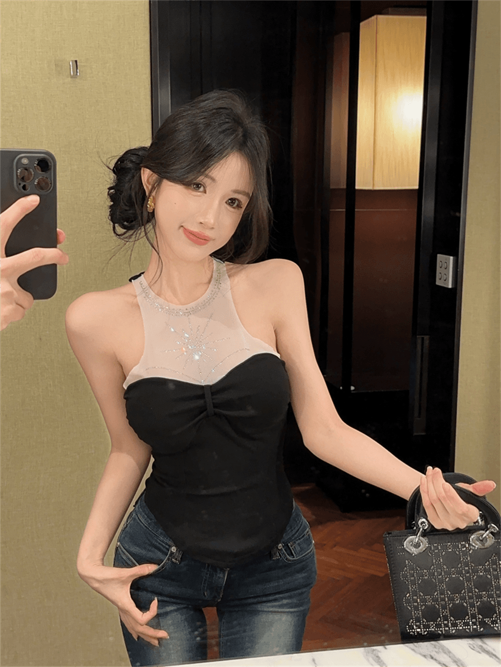 실사 여름 품격 라운드 넥 패치워크 인터넷 샤 포장 가슴 종류 다이아몬드 세팅 조끼 섹시함 핫걸 몸매 가꾸기 페이크 레이어드 티셔츠 이미지 4