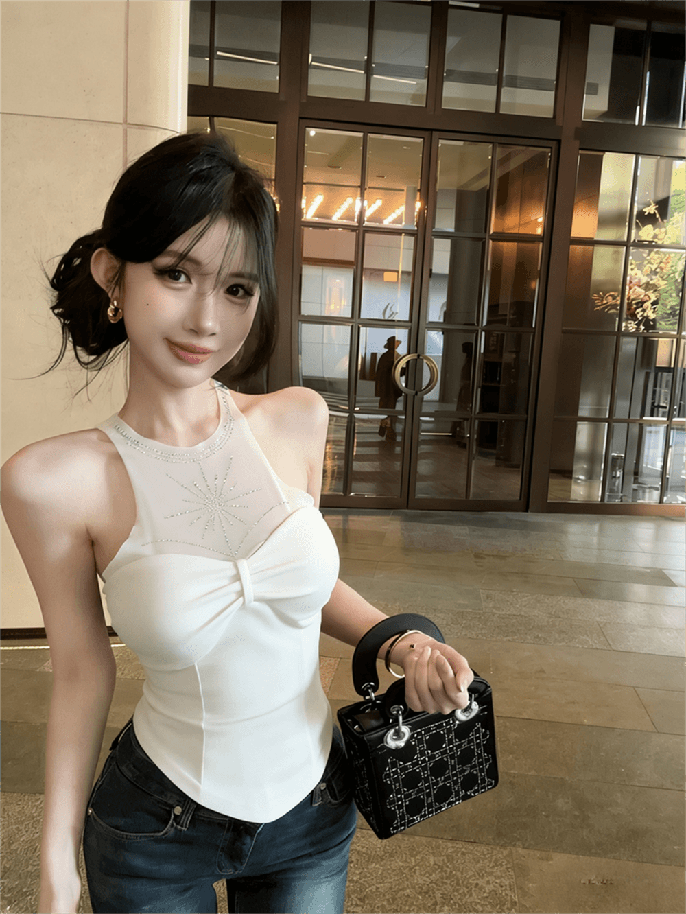 실사 여름 품격 라운드 넥 패치워크 인터넷 샤 포장 가슴 종류 다이아몬드 세팅 조끼 섹시함 핫걸 몸매 가꾸기 페이크 레이어드 티셔츠 이미지 3