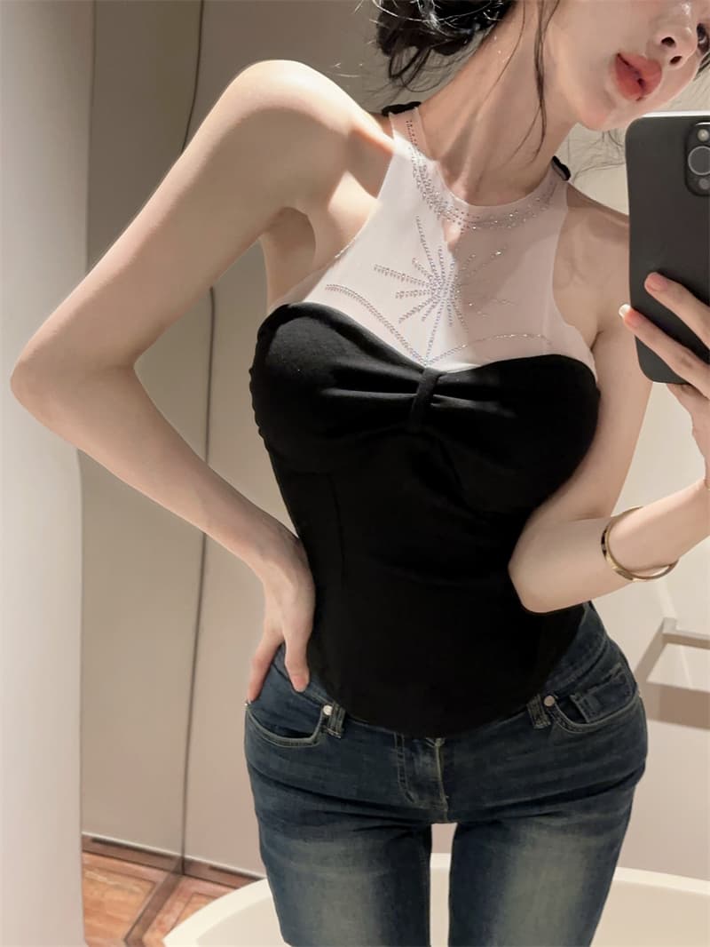 실사 여름 품격 라운드 넥 패치워크 인터넷 샤 포장 가슴 종류 다이아몬드 세팅 조끼 섹시함 핫걸 몸매 가꾸기 페이크 레이어드 티셔츠 상세 이미지 5