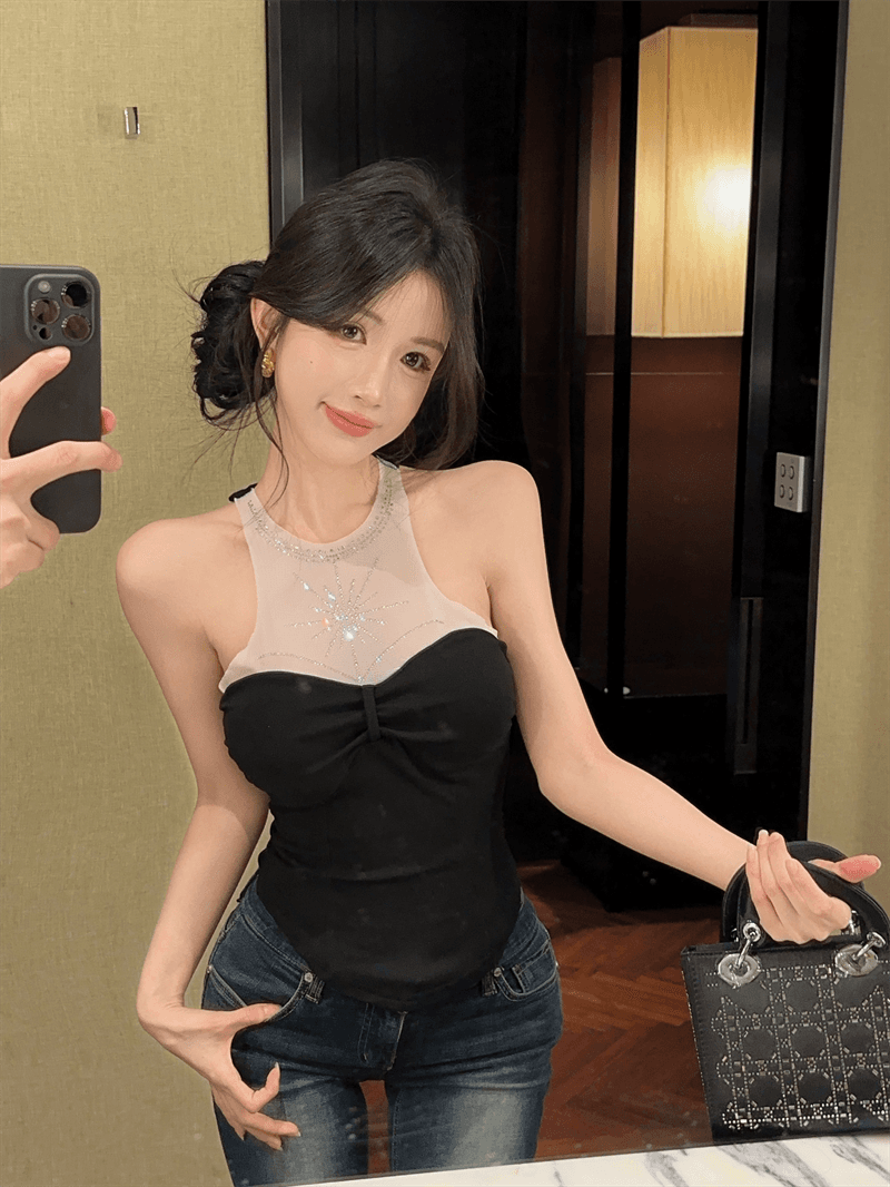 실사 여름 품격 라운드 넥 패치워크 인터넷 샤 포장 가슴 종류 다이아몬드 세팅 조끼 섹시함 핫걸 몸매 가꾸기 페이크 레이어드 티셔츠 상세 이미지 8