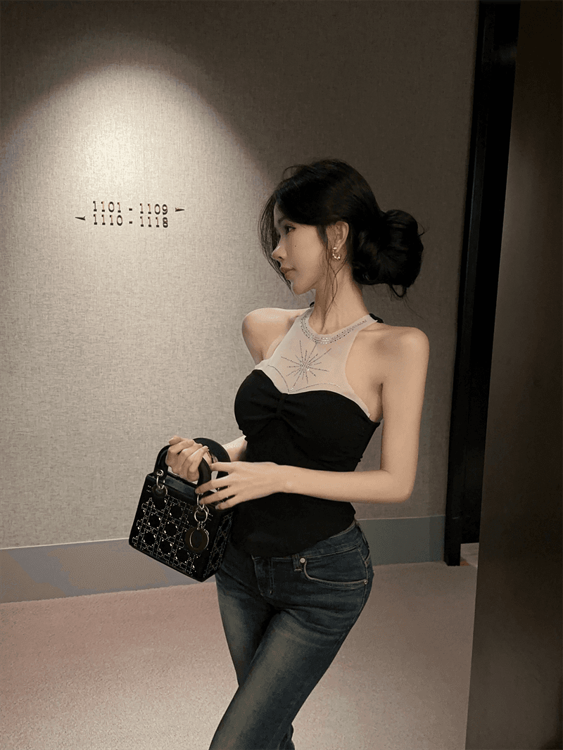 실사 여름 품격 라운드 넥 패치워크 인터넷 샤 포장 가슴 종류 다이아몬드 세팅 조끼 섹시함 핫걸 몸매 가꾸기 페이크 레이어드 티셔츠 상세 이미지 12