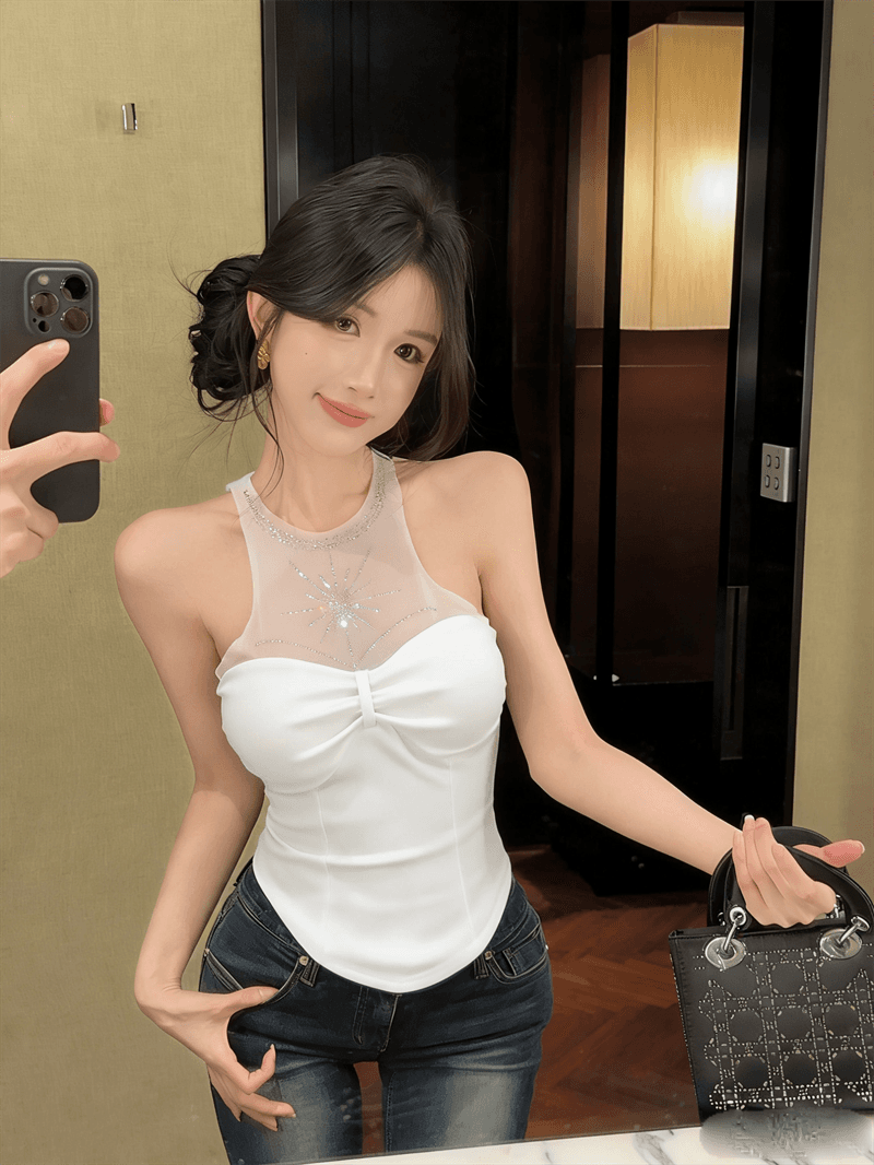 실사 여름 품격 라운드 넥 패치워크 인터넷 샤 포장 가슴 종류 다이아몬드 세팅 조끼 섹시함 핫걸 몸매 가꾸기 페이크 레이어드 티셔츠 상세 이미지 14