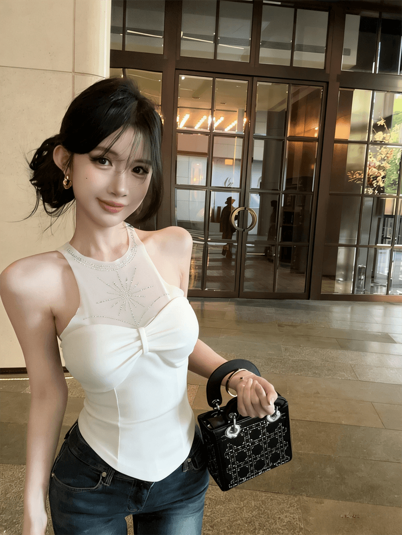 실사 여름 품격 라운드 넥 패치워크 인터넷 샤 포장 가슴 종류 다이아몬드 세팅 조끼 섹시함 핫걸 몸매 가꾸기 페이크 레이어드 티셔츠 상세 이미지 16