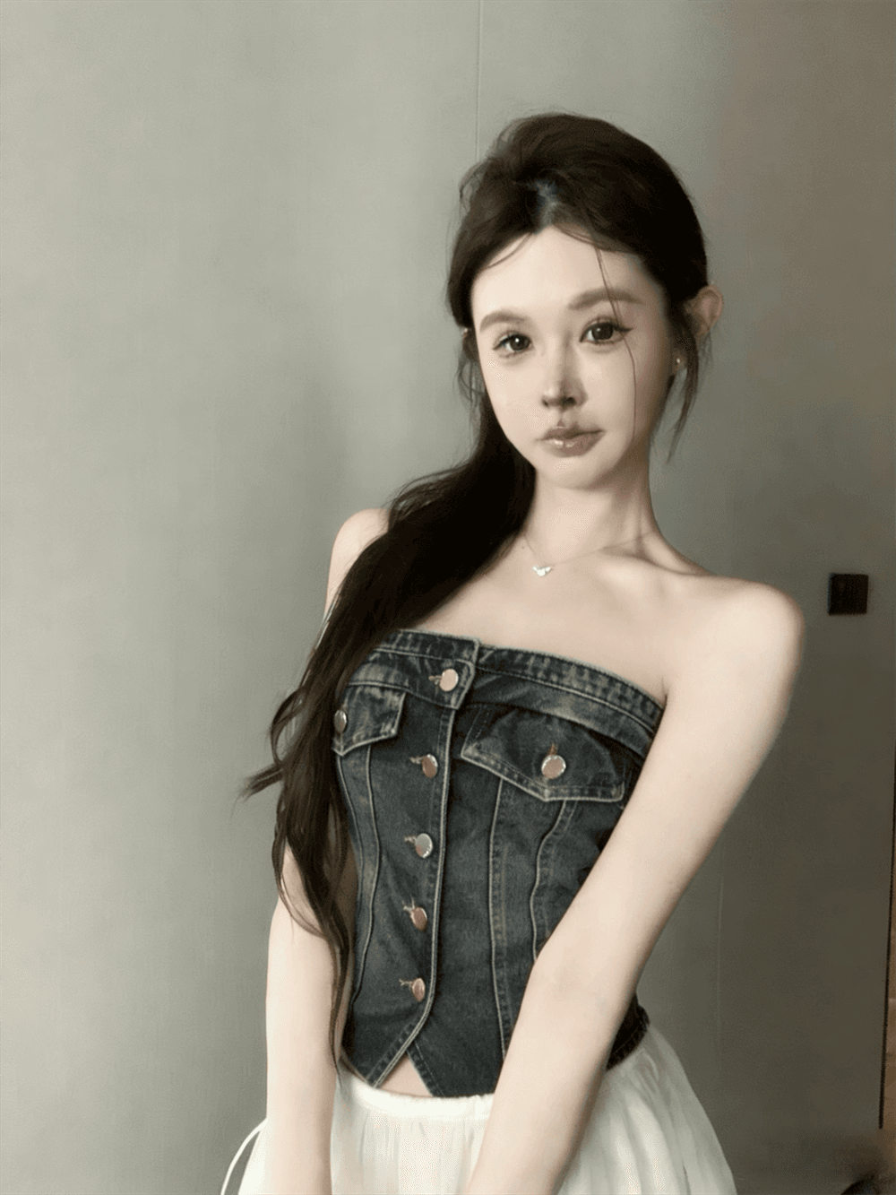 실사 여름 작은 보트넥 허리 수축 튜브탑 종류 몸매 가꾸기 불규칙 민소매 프릴 핫걸 데님 조끼 이미지 4