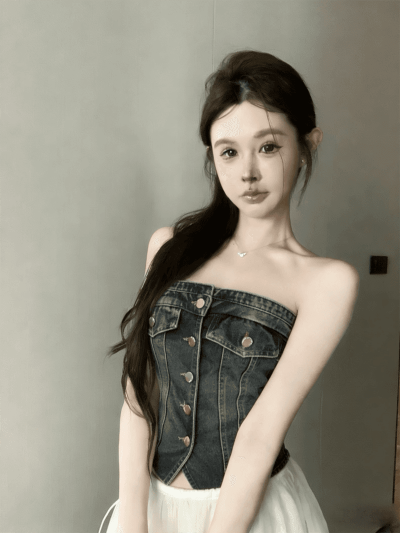 실사 여름 작은 보트넥 허리 수축 튜브탑 종류 몸매 가꾸기 불규칙 민소매 프릴 핫걸 데님 조끼 상세 이미지 3