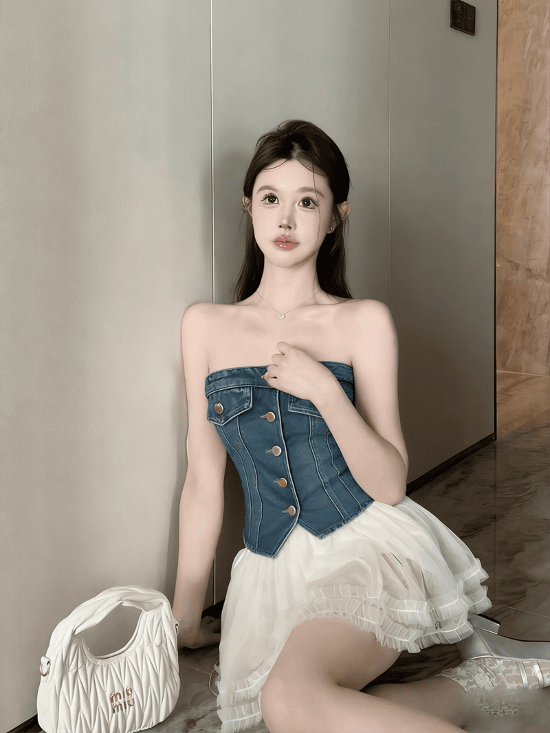 실사 여름 작은 보트넥 허리 수축 튜브탑 종류 몸매 가꾸기 불규칙 민소매 프릴 핫걸 데님 조끼 상세 이미지 8