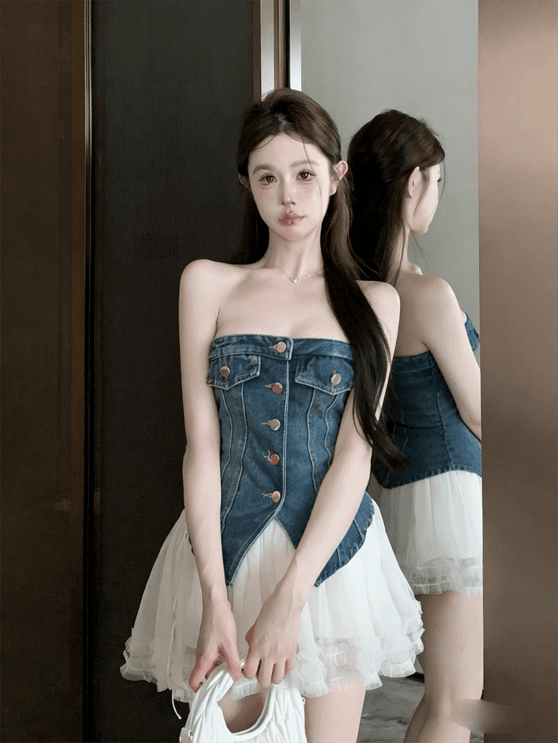 실사 여름 작은 보트넥 허리 수축 튜브탑 종류 몸매 가꾸기 불규칙 민소매 프릴 핫걸 데님 조끼 상세 이미지 10