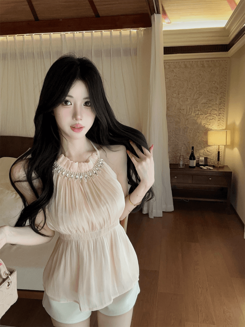 실사 여름 달콤함 라운드 넥 패치워크 다이아몬드 세팅 튜브탑 종류 레이스업 오프숄더 조끼 허리 수축 섹시함 프릴 맨위 상세 이미지 8