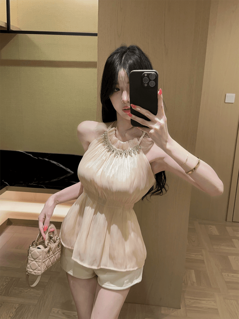 실사 여름 달콤함 라운드 넥 패치워크 다이아몬드 세팅 튜브탑 종류 레이스업 오프숄더 조끼 허리 수축 섹시함 프릴 맨위 상세 이미지 11