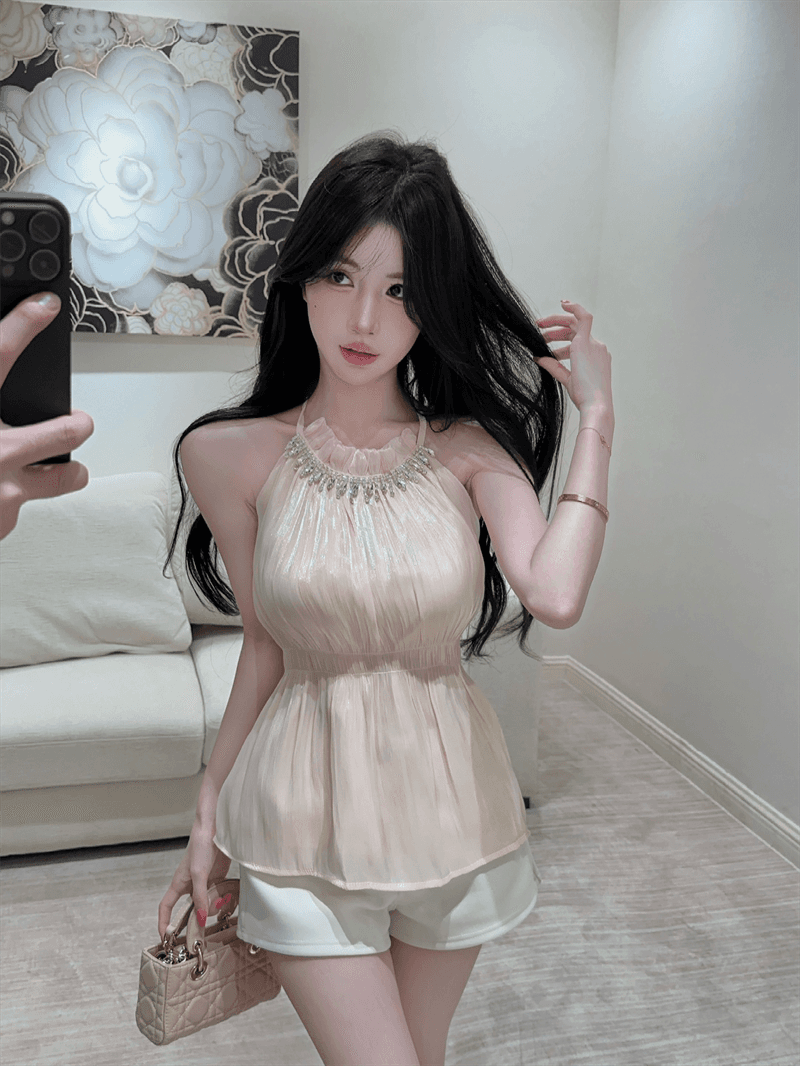 실사 여름 달콤함 라운드 넥 패치워크 다이아몬드 세팅 튜브탑 종류 레이스업 오프숄더 조끼 허리 수축 섹시함 프릴 맨위 상세 이미지 14