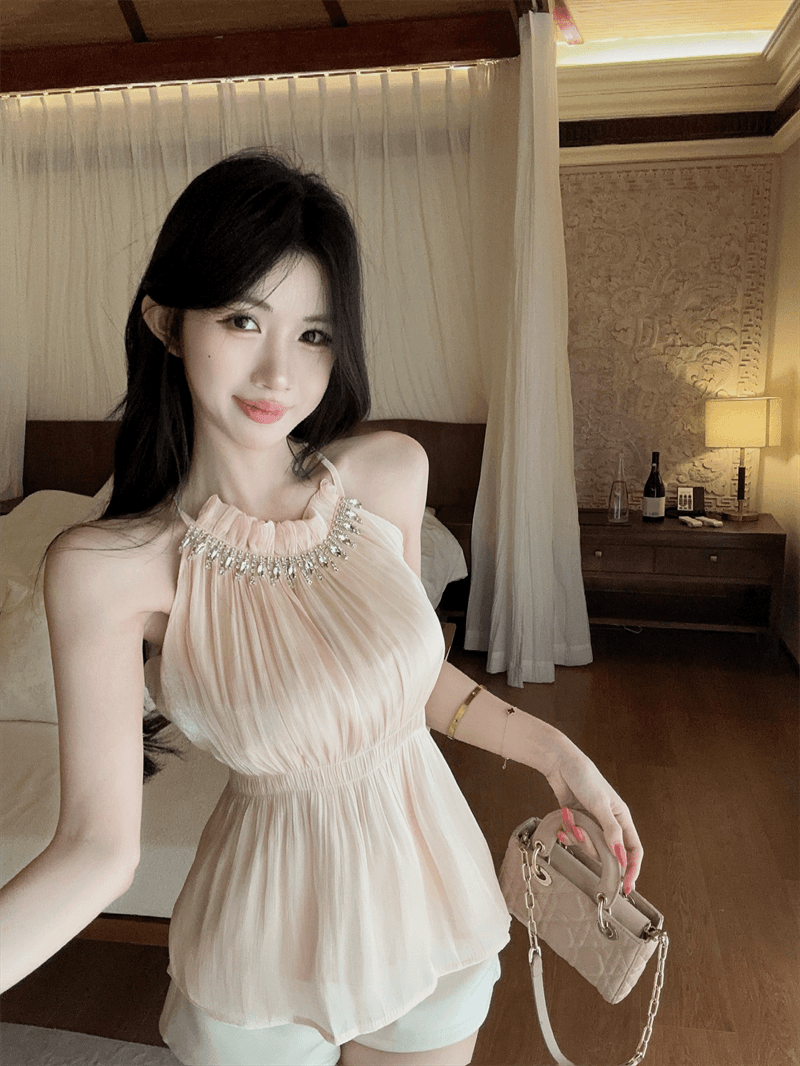 실사 여름 달콤함 라운드 넥 패치워크 다이아몬드 세팅 튜브탑 종류 레이스업 오프숄더 조끼 허리 수축 섹시함 프릴 맨위 상세 이미지 17