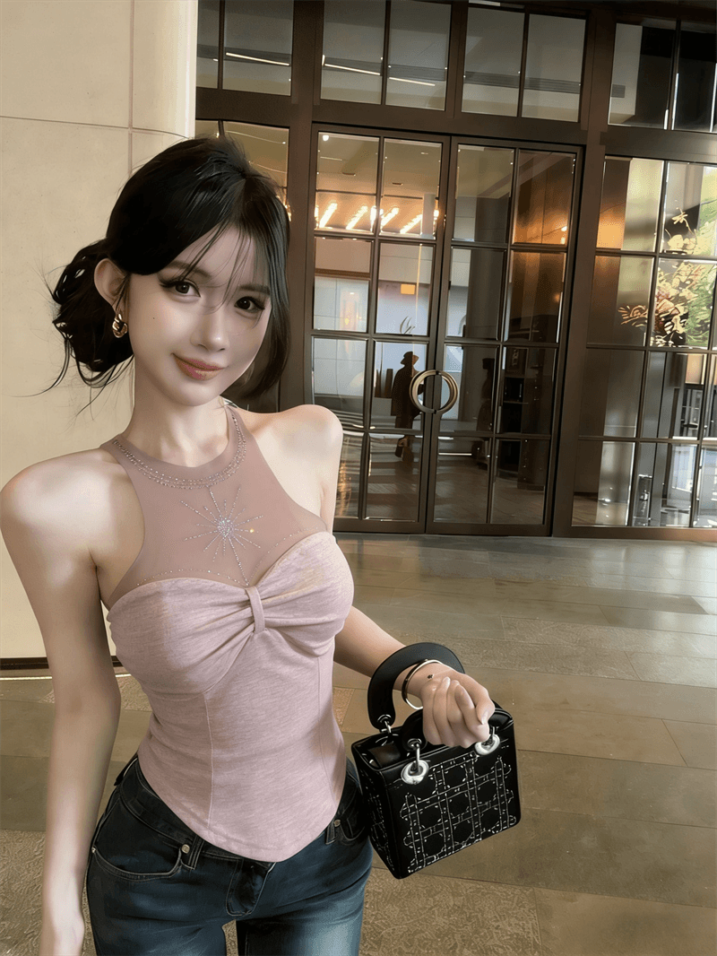 실사 여름 품격 라운드 넥 패치워크 인터넷 샤 포장 가슴 종류 다이아몬드 세팅 조끼 섹시함 핫걸 몸매 가꾸기 페이크 레이어드 티셔츠 상세 이미지 1