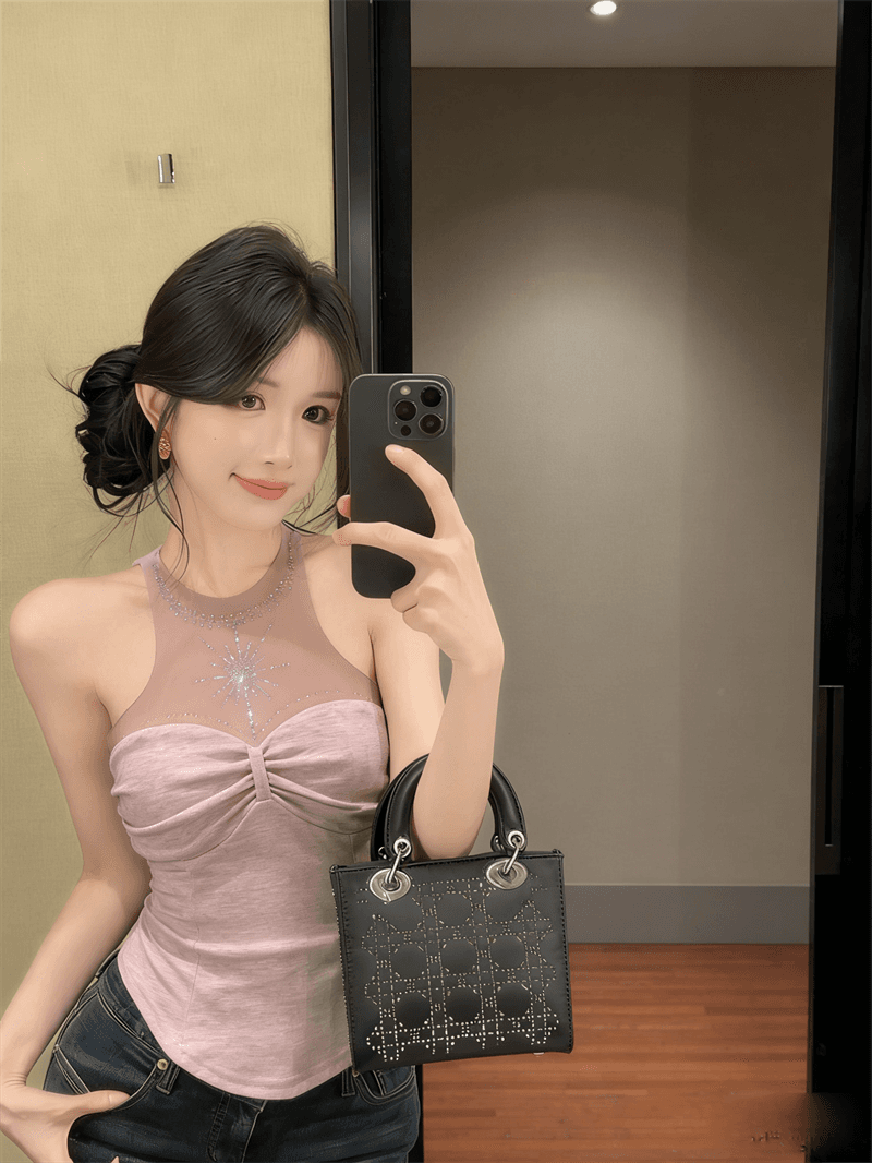 실사 여름 품격 라운드 넥 패치워크 인터넷 샤 포장 가슴 종류 다이아몬드 세팅 조끼 섹시함 핫걸 몸매 가꾸기 페이크 레이어드 티셔츠 상세 이미지 2