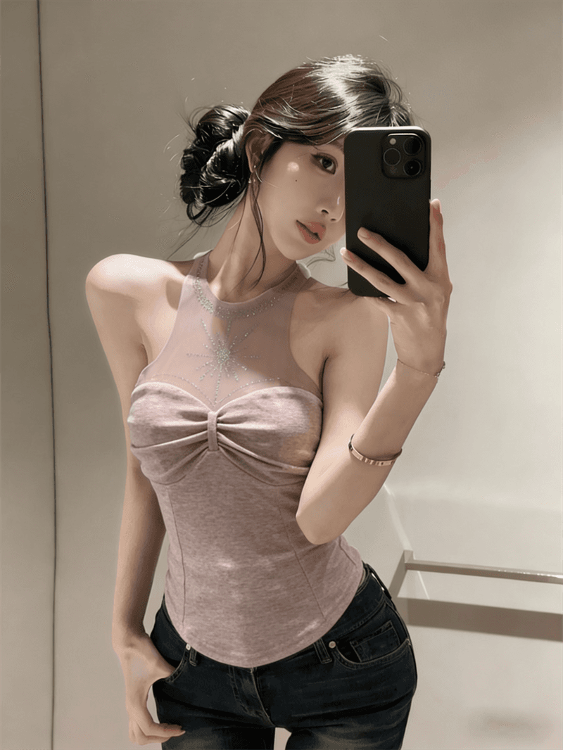 실사 여름 품격 라운드 넥 패치워크 인터넷 샤 포장 가슴 종류 다이아몬드 세팅 조끼 섹시함 핫걸 몸매 가꾸기 페이크 레이어드 티셔츠 상세 이미지 3