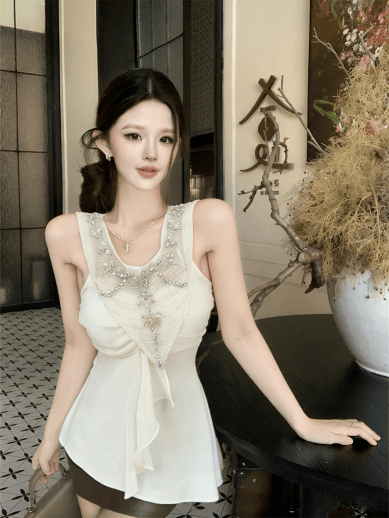 실사 여름 쉬폰 V넥 다이아몬드 세팅 달콤함 허리 수축 튜브탑 종류 풀오버 맨위 핫걸 불규칙 조끼 슬립 상세 이미지 2