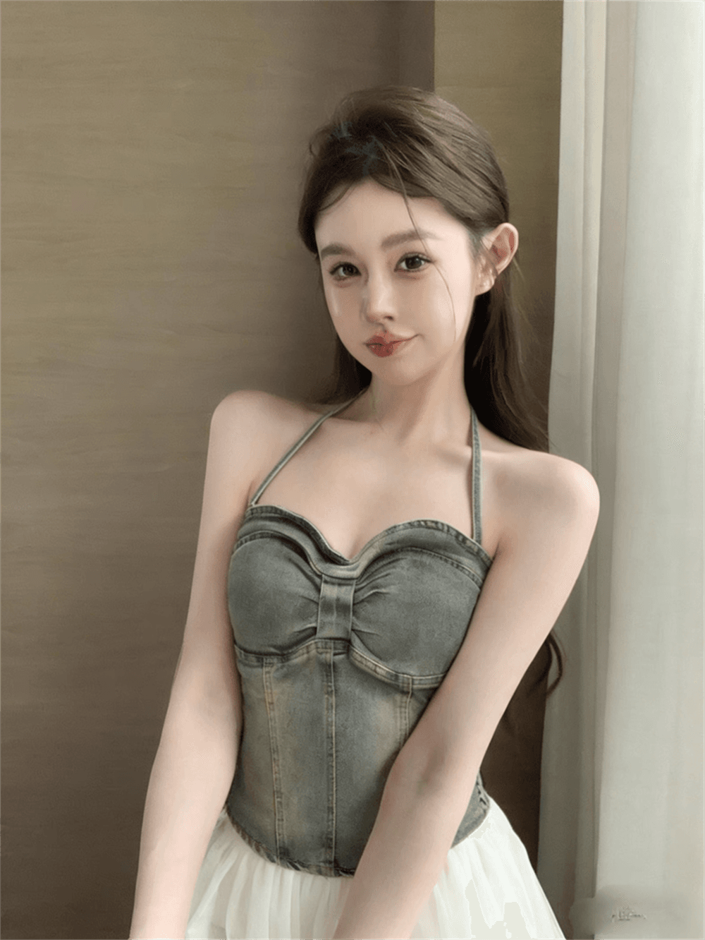 실사 여름 섹시함 보트넥 패치워크 행침 목 스타일 쇼트 스타일 허리 수축 불규칙 튜브탑 핫걸 데님 조끼 트렌디 이미지 3