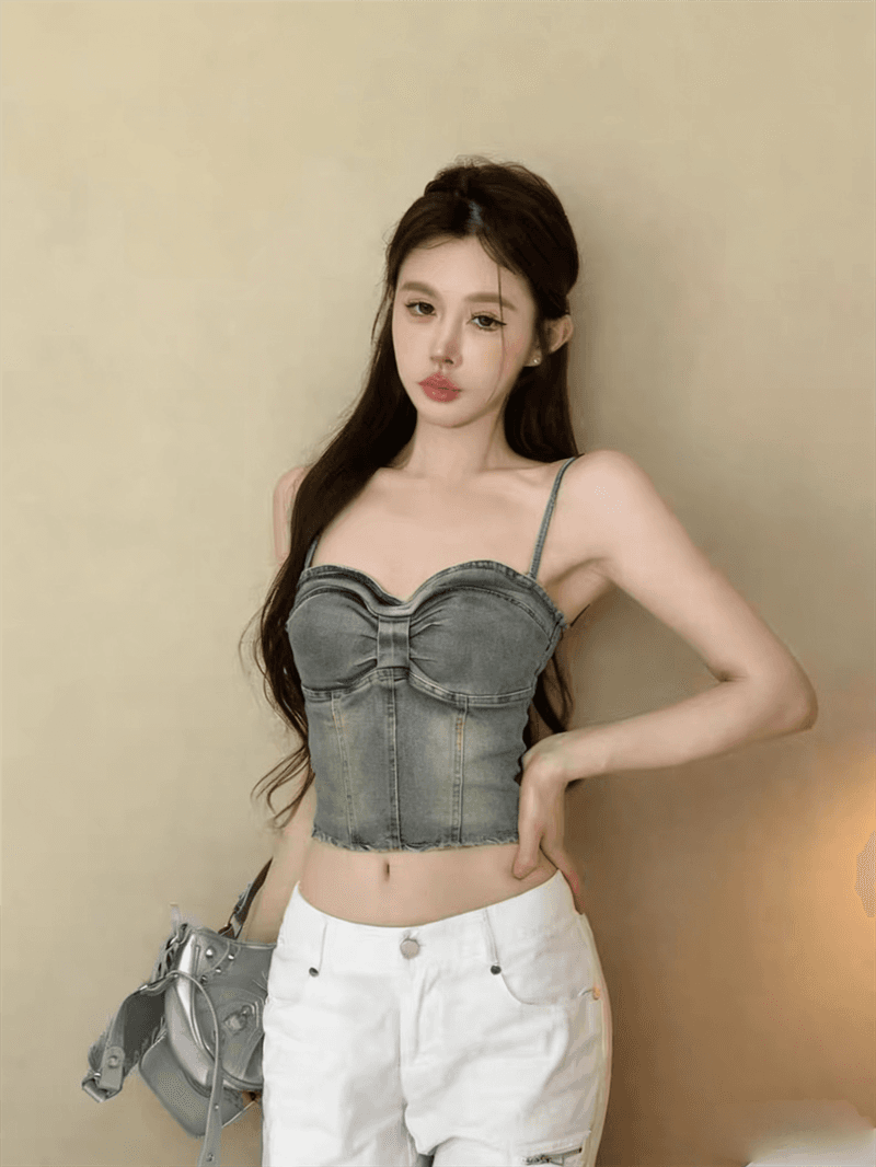 실사 여름 섹시함 보트넥 패치워크 행침 목 스타일 쇼트 스타일 허리 수축 불규칙 튜브탑 핫걸 데님 조끼 트렌디 상세 이미지 7