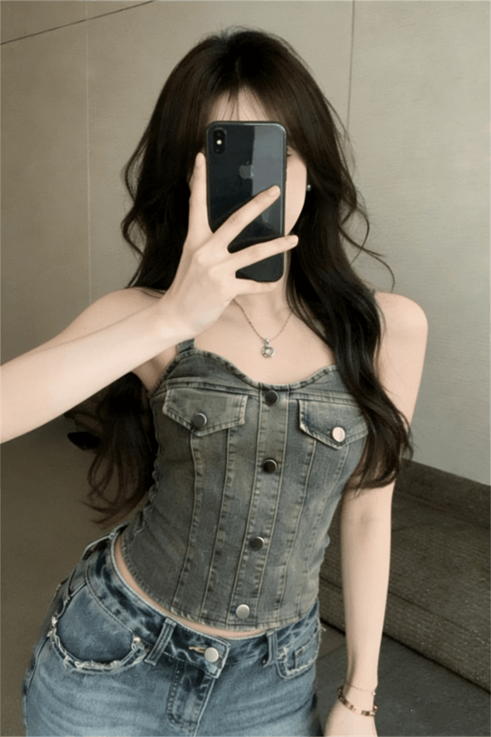 실사 여름 섹시함 V넥 패치워크 싱글 줄 버튼 쇼트 스타일 슬립 허리 수축 풀오버 튜브탑 섹션 핫걸 데님 조끼 이미지 2
