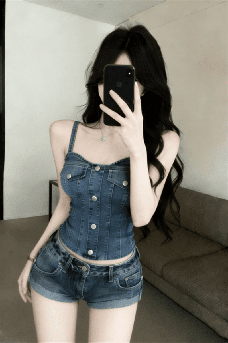 실사 여름 섹시함 V넥 패치워크 싱글 줄 버튼 쇼트 스타일 슬립 허리 수축 풀오버 튜브탑 섹션 핫걸 데님 조끼 상세 이미지 10