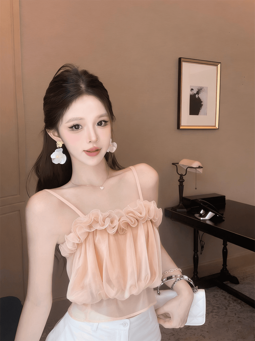 실사 여름 새로운 프랑스식 한 단어 레이스 칼라 패치워크 3d 꽃 슬립 몸매 가꾸기 허리 수축 달콤함 맨위 이미지 4