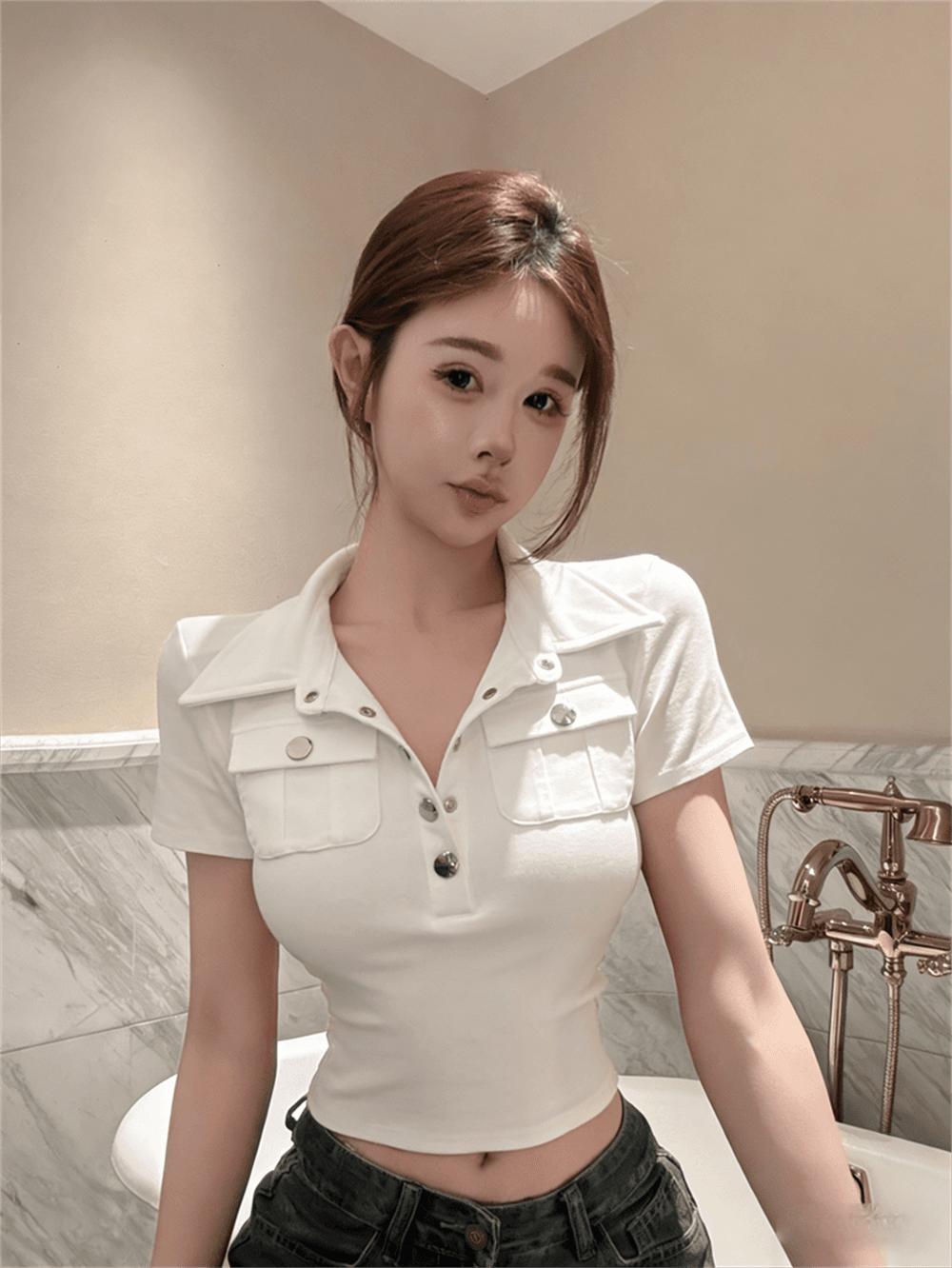 실사 여름 한국 스타일 polo 반 개방 칼라 패치워크 버튼 몸매 가꾸기 반팔 연령 감소 풀오버 핫걸 캐주얼 티셔츠 이미지 2