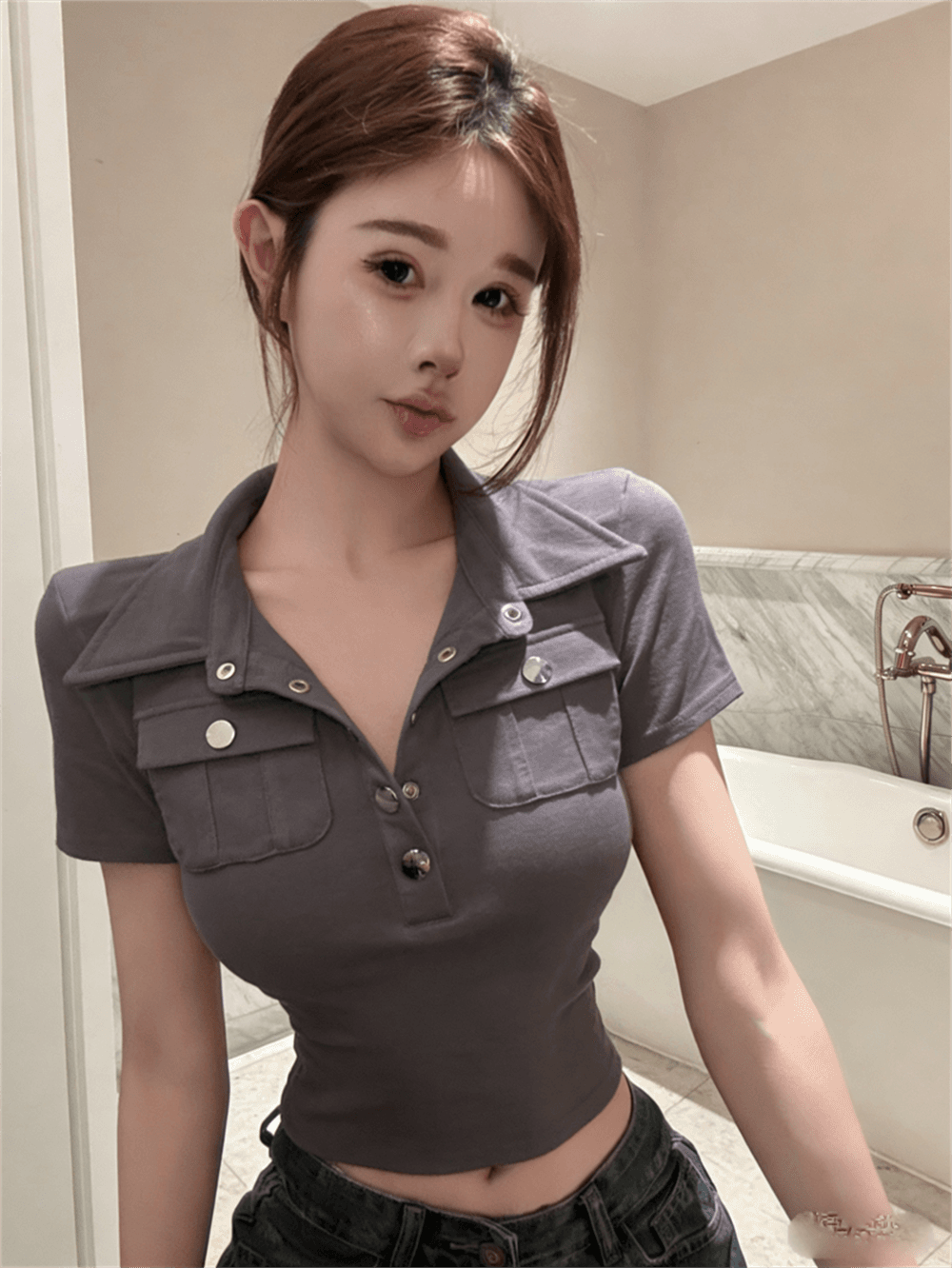 실사 여름 한국 스타일 polo 반 개방 칼라 패치워크 버튼 몸매 가꾸기 반팔 연령 감소 풀오버 핫걸 캐주얼 티셔츠 이미지 3
