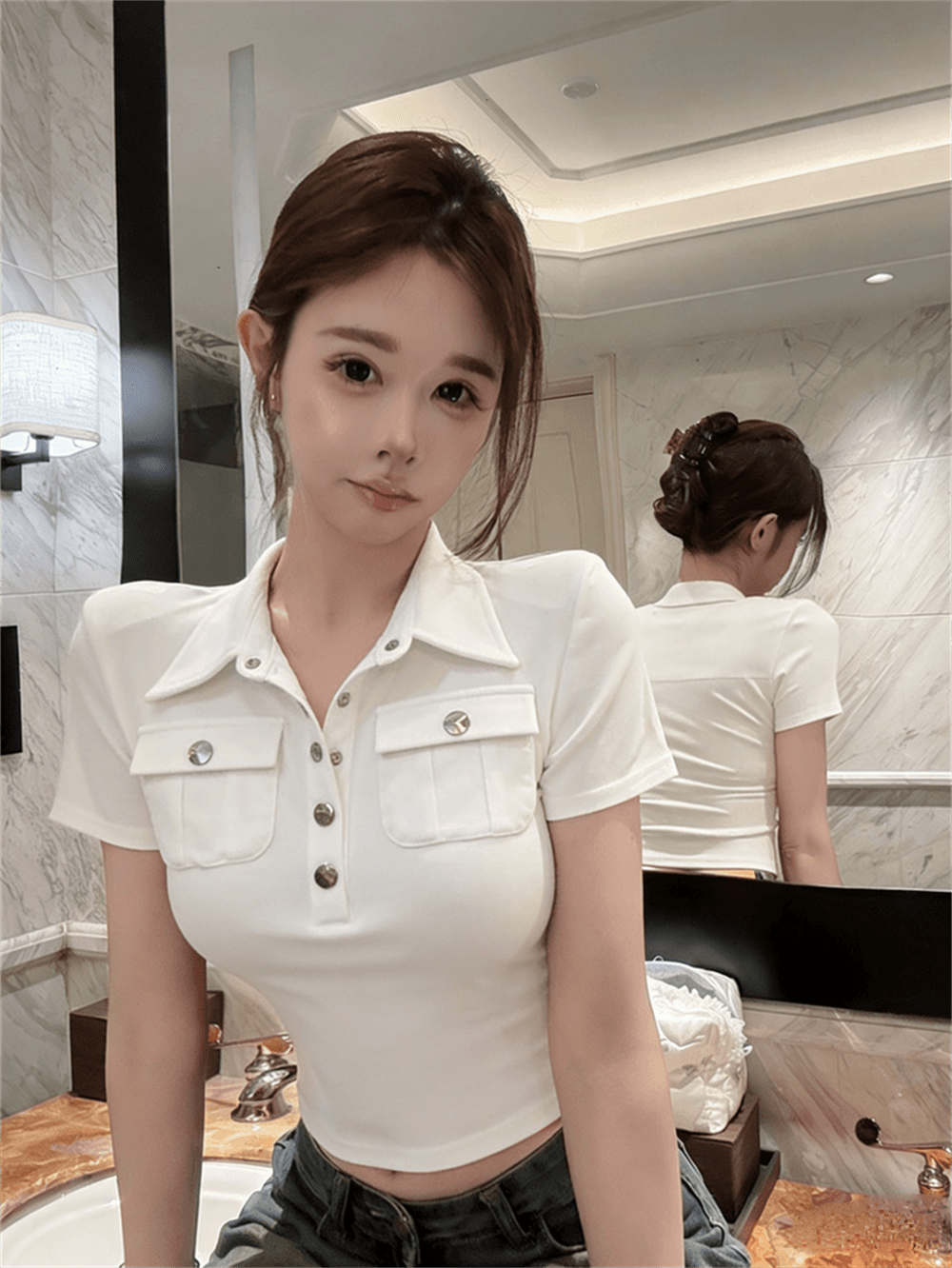 실사 여름 한국 스타일 polo 반 개방 칼라 패치워크 버튼 몸매 가꾸기 반팔 연령 감소 풀오버 핫걸 캐주얼 티셔츠 이미지 4