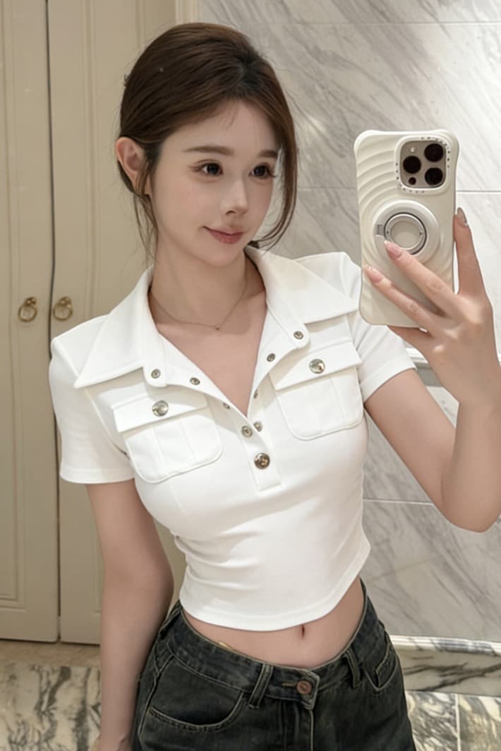 실사 여름 한국 스타일 polo 반 개방 칼라 패치워크 버튼 몸매 가꾸기 반팔 연령 감소 풀오버 핫걸 캐주얼 티셔츠 이미지 6