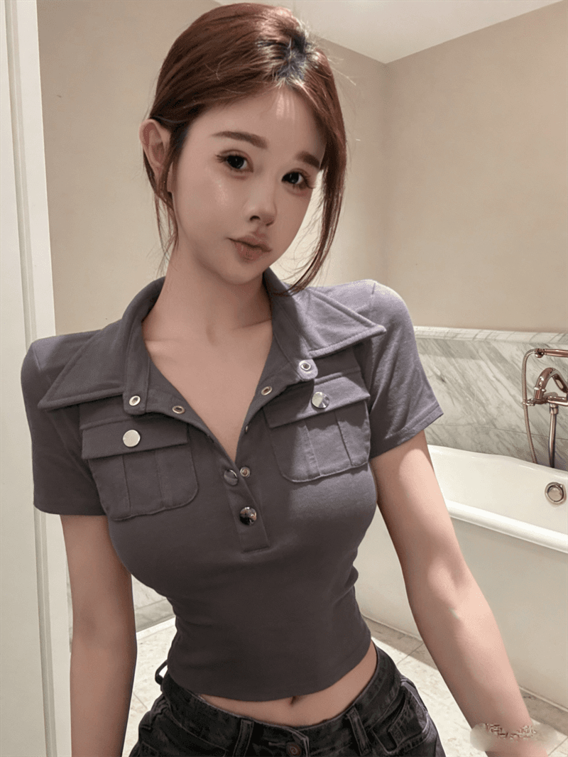 실사 여름 한국 스타일 polo 반 개방 칼라 패치워크 버튼 몸매 가꾸기 반팔 연령 감소 풀오버 핫걸 캐주얼 티셔츠 상세 이미지 1