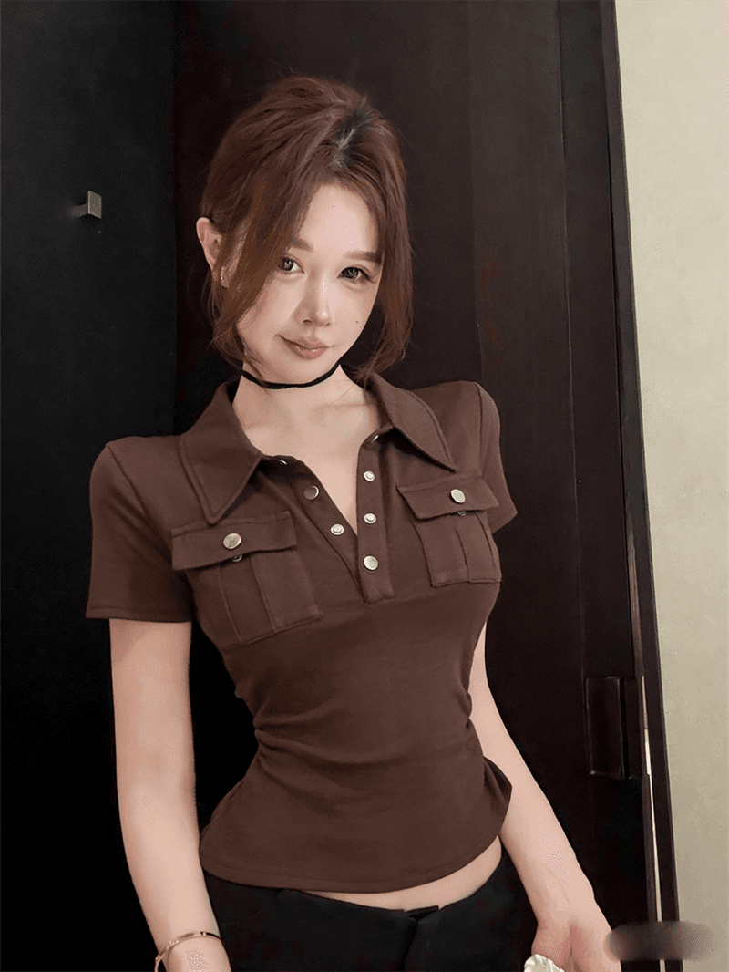 실사 여름 한국 스타일 polo 반 개방 칼라 패치워크 버튼 몸매 가꾸기 반팔 연령 감소 풀오버 핫걸 캐주얼 티셔츠 상세 이미지 2