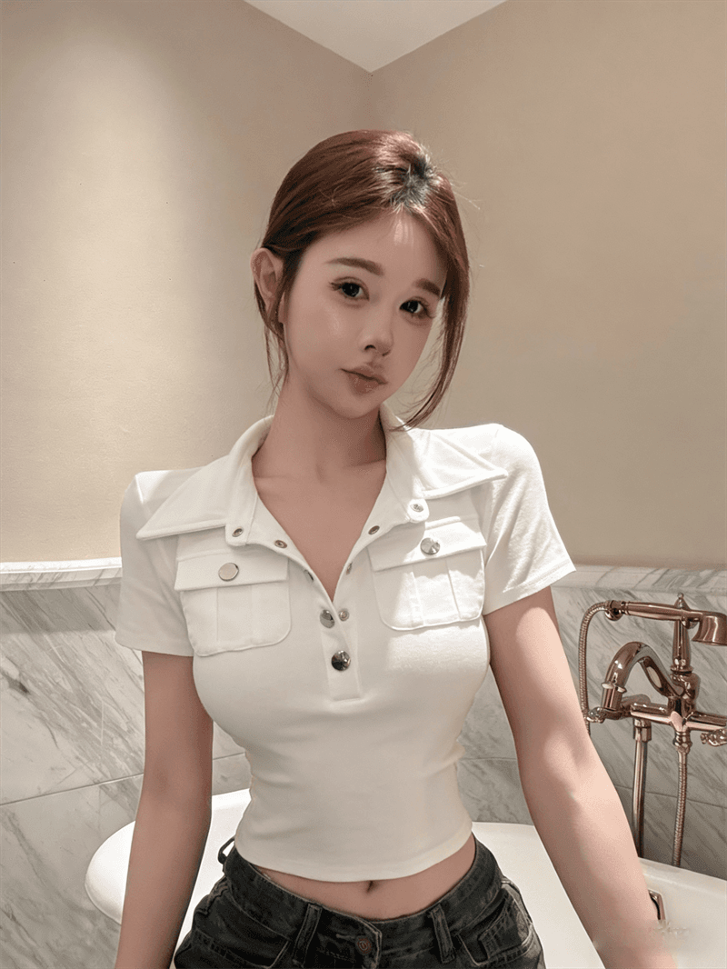 실사 여름 한국 스타일 polo 반 개방 칼라 패치워크 버튼 몸매 가꾸기 반팔 연령 감소 풀오버 핫걸 캐주얼 티셔츠 상세 이미지 6