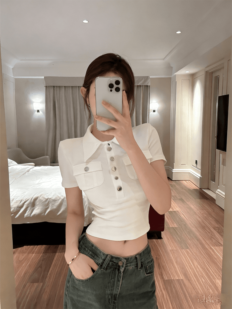 실사 여름 한국 스타일 polo 반 개방 칼라 패치워크 버튼 몸매 가꾸기 반팔 연령 감소 풀오버 핫걸 캐주얼 티셔츠 상세 이미지 8