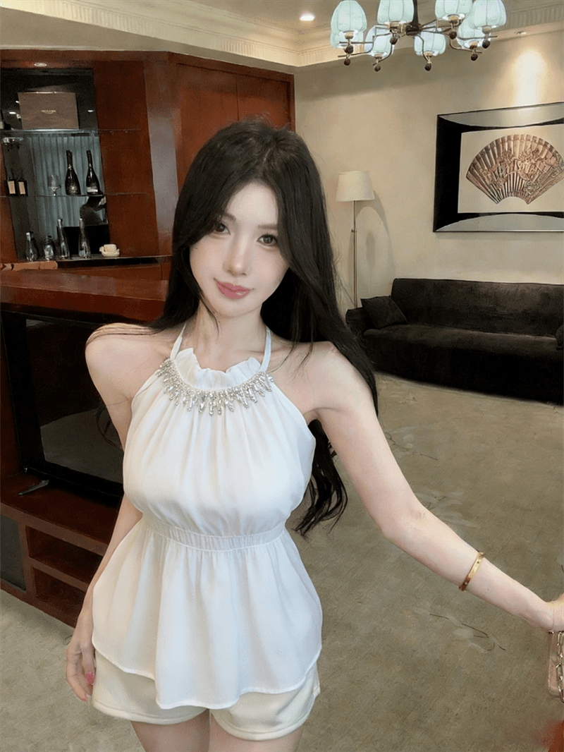 실사 여름 달콤함 라운드 넥 패치워크 다이아몬드 세팅 튜브탑 종류 레이스업 오프숄더 조끼 허리 수축 섹시함 프릴 맨위 이미지 4