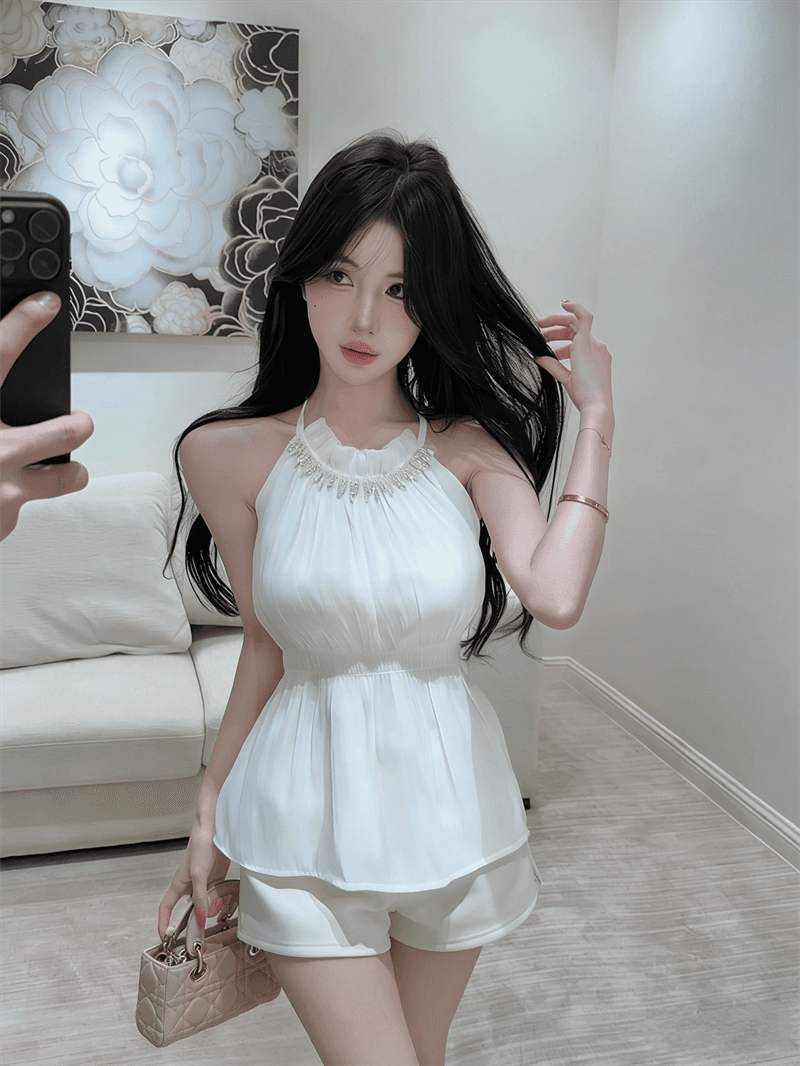 실사 여름 달콤함 라운드 넥 패치워크 다이아몬드 세팅 튜브탑 종류 레이스업 오프숄더 조끼 허리 수축 섹시함 프릴 맨위 상세 이미지 2