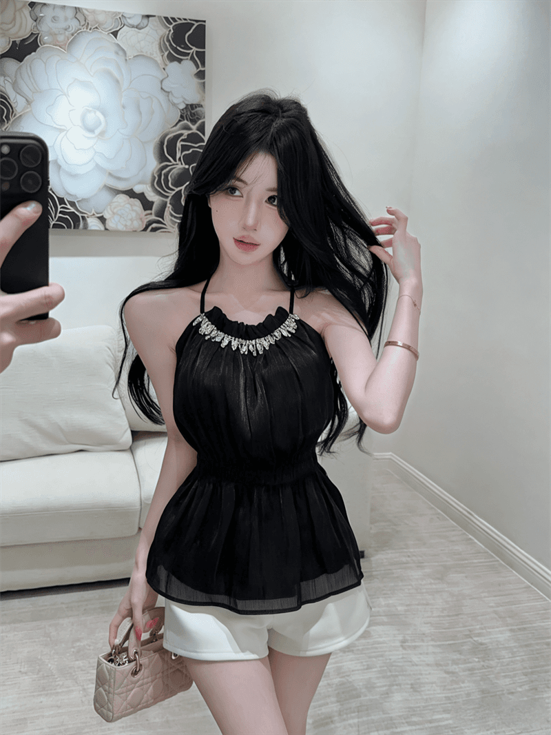 실사 여름 달콤함 라운드 넥 패치워크 다이아몬드 세팅 튜브탑 종류 레이스업 오프숄더 조끼 허리 수축 섹시함 프릴 맨위 상세 이미지 3