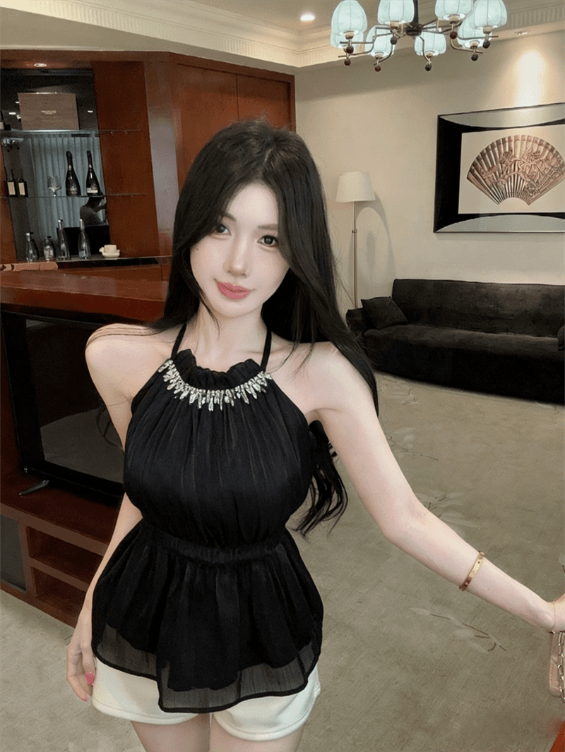 실사 여름 달콤함 라운드 넥 패치워크 다이아몬드 세팅 튜브탑 종류 레이스업 오프숄더 조끼 허리 수축 섹시함 프릴 맨위 상세 이미지 5