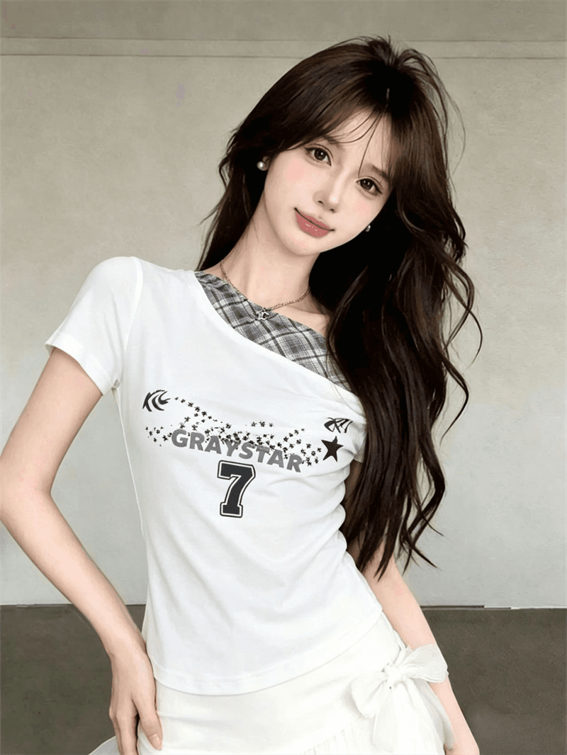 실사 아메리칸 핫걸 체크무늬 패치워크 페이크 레이어드 흔들다 칼라 티셔츠 여성 여름 오프숄더 허리 수축 반팔 쇼트 스타일 맨위 상세 이미지 4
